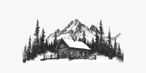 A black and white drawing of a cabin in the mountains. Suitable for various design projects