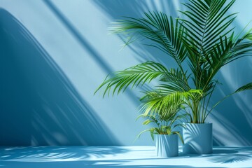 Room with palm leaf background, in the style of light sky-blue and dark blue, minimalist stage design, commission for, minimalist sets