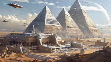 Futuristic ancient Egyptian city with huge pyramids and high tech spaceships flying around, background