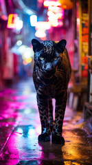 Fototapeta na wymiar he enigmatic panther, clad in a sleek midnight velvet coat, prowls through a neon-lit urban jungle. A diamond-studded collar gleams, and its emerald eyes reflect the city's nocturnal mystique, exuding