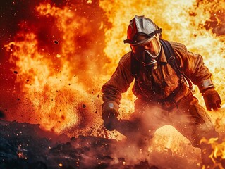 Obraz premium Firefighter battling blaze, intense flames, dynamic action shot, professional color grading, clean sharp,clean sharp focus, digital photography