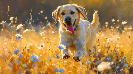 The playful Labrador retriever bounds through sun-kissed meadows, tongue lolling in pure joy. With each exuberant leap, it embodies loyalty and companionship, a faithful friend of the human heart. - obrazy, fototapety, plakaty