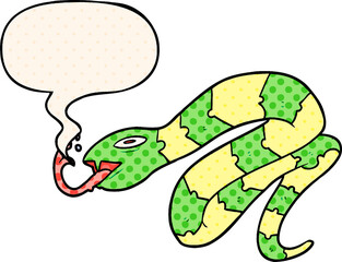 cartoon hissing snake with speech bubble in comic book style