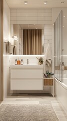 The bathroom is a white square. The washbasin, with a pristine white countertop. The frame of the mirror is made of wood.