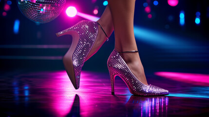 A close-up of dazzling stiletto heels beside a reflective disco ball on the dance floor