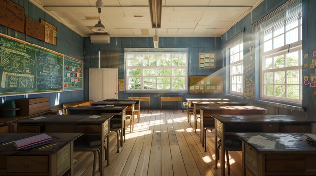School desk and chairs near the window in the classroom.AI generated image