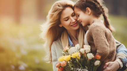 Fototapeta premium Tender Moment Between Smiling Mother and Daughter with Spring Bouquet