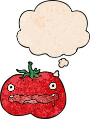 cartoon tomato with thought bubble in grunge texture style