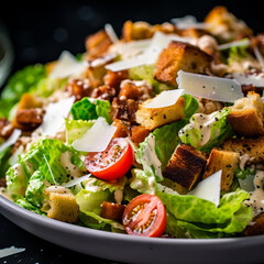 Caesar Salad Close-up with Croutons and Dressing - obrazy, fototapety, plakaty