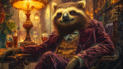 Suave sloth in a velvet smoking jacket, wearing a monocle, against a Victorian library backdrop, lit with antique lamps, exuding refined leisure and elegance - obrazy, fototapety, plakaty