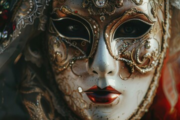 Detailed close up of a person wearing a mask. Suitable for various concepts and designs
