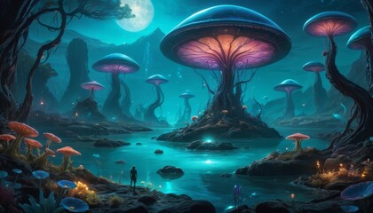 An alien landscape at twilight, filled with bioluminescent mushrooms and a moonlit sky, creating a surreal, otherworldly scene