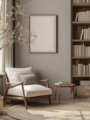 Very artistic style modern library room with empty vertical photo frame on the wall, minimal design, very warm, white, gray, beige colors in the room