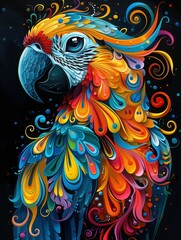 Cute parrot, vibrant colors painting, black background