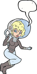 cartoon space woman with speech bubble