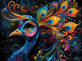 Cute peacock, vibrant colors painting, black background