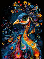 Cute peacock, vibrant colors painting, black background