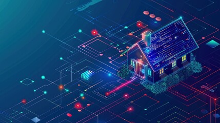 Smart home isometric technology concept. Smart home system digital protection.AI generated image - obrazy, fototapety, plakaty