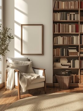 Very artistic style modern library room with empty vertical photo frame on the wall, minimal design, very warm, white, gray, beige colors in the room