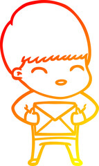 warm gradient line drawing of a happy cartoon boy