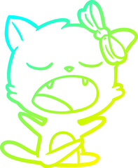 cold gradient line drawing of a cartoon yawning cat