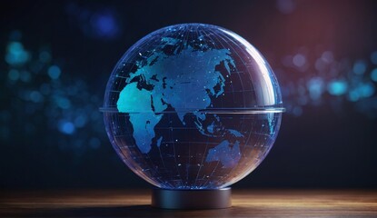 Creative glowing futuristic blue globe hologram on blurry background.