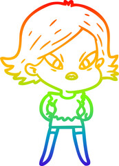 rainbow gradient line drawing of a cartoon stressed woman