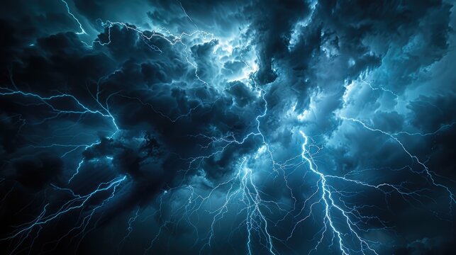 A dramatic image of lightning striking in the dark sky. Perfect for illustrating the power of nature in a stormy weather concept
