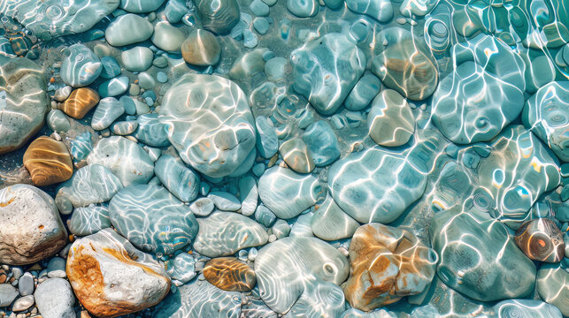 Ripples of the crystal clear shallow water surface, on a stony beach of lake, outdoor summer background