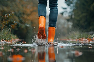 Close-up of a woman wearing orange rubber boots. generative ai