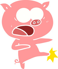 flat color style cartoon pig shouting and kicking