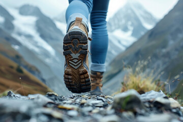Closeup of hiking feet walking on mountain - obrazy, fototapety, plakaty
