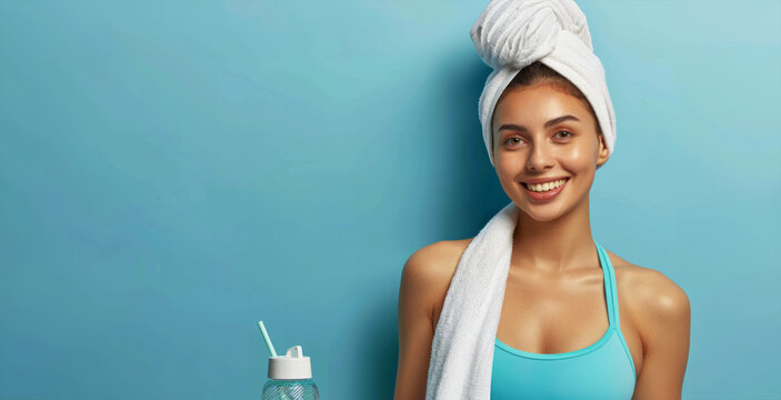 A woman is smiling and holding a bottle of water and a towel. Portrait of sporty beautiful smiling lady in sportswear and white towel on neck holding shaker fresh water or coffee