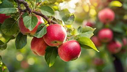 Close-up of ripe red apples growing on branch with green leaves. Garden fruit tree. Summer harvest