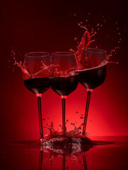 Dynamic Collision of Red Wine Glasses with Vivid Splashes Against Dark Red Background