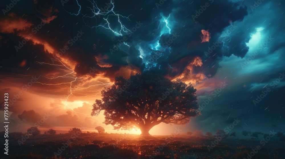 Aufkleber lightning striking a tree in a field, perfect for illustrating the power of nature
