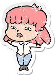 distressed sticker of a cartoon worried woman