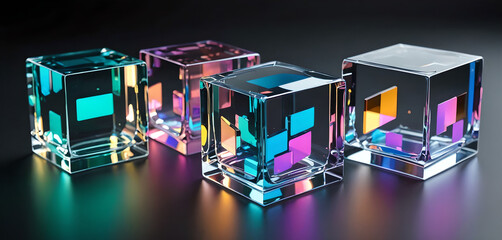 Set 3d glass Iridescent plastic cubes, crystal blocks with holographic transparent texture.