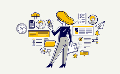 Phone working online person doing some job vector outline illustration, smartphone remote virtual working freelancer or a part of coworking team.