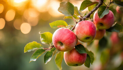 Close-up of ripe red apples growing on branch with green leaves. Garden fruit tree. Summer harvest