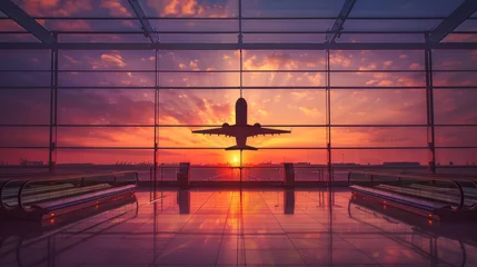 Fotobehang Silhouette of a plane taking off or landing in sunset sky from empty airport lobby © standret