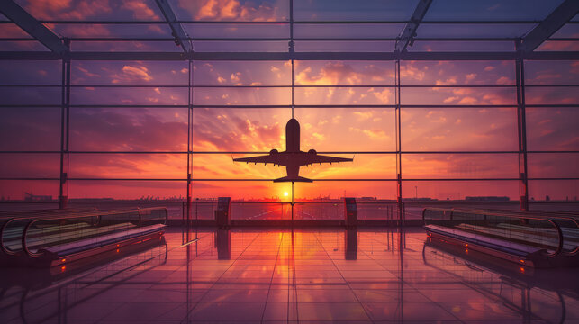 Silhouette of a plane taking off or landing in sunset sky from empty airport lobby