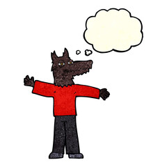 cartoon happy wolf man with thought bubble