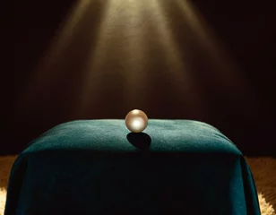 Poster A spotlight on a dark stage illuminating a single pearl on a velvet cushion, focusing on its simplicity and the drama of isolation © patsai