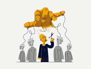 Hand of a toxic manipulator controls his victims and one person has freed from control, social manipulations and independence, vector illustration of psychological manipulation. - obrazy, fototapety, plakaty