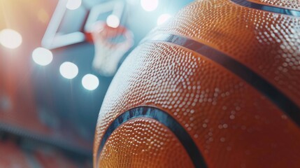 Detailed close up of a basketball on a basketball court. Perfect for sports or fitness related designs - Powered by Adobe
