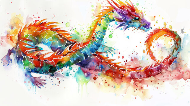 Stunning watercolor depicting a rainbow dragon with brilliant colors and a white background
