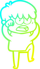 cold gradient line drawing of a worried cartoon boy