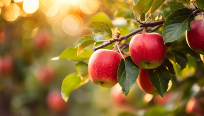 Close-up of ripe red apples growing on branch with green leaves. Garden fruit tree. Summer harvest