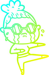 cold gradient line drawing of a cartoon crying woman wearing spectacles